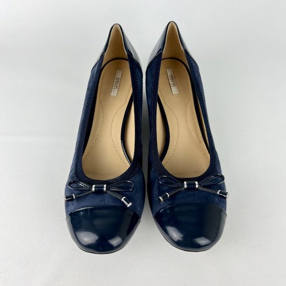 Geox Carey Block Heel Pumps D54V8A Blue Suede Patent Cap Toe size 41 US 10.5 - Picture 2 of 15